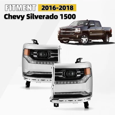 FULL LED Headlights 2016-2018 Chevy Silverado 1500 Chrome Projector Pair LH+RH Foto 1 de 4