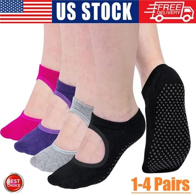 4× Yoga Socks For Women Non-slip Grip Cotton Sock Barre Pilates Dance Ballets US - Image 1 of 4
