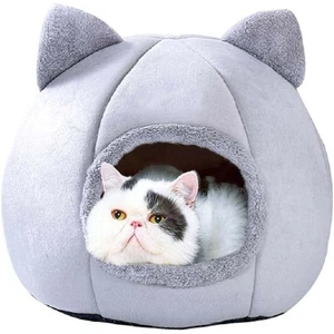 Casa para gatos semicerrada transpirable acogedora cama en forma de oreja para gatos de interior gris - Imagen 1 de 7