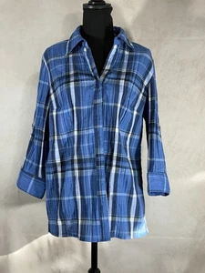 LG St Johns Bay retro blue plaid button down blouse 3/4 sleeve - Picture 1 of 5
