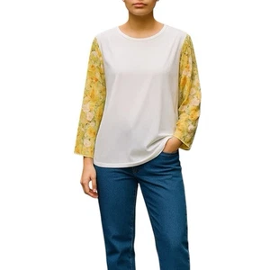 Lovers + Friends Floral Printed Long Sleeve Sheer Top White Yellow Women Size M - Picture 1 of 8