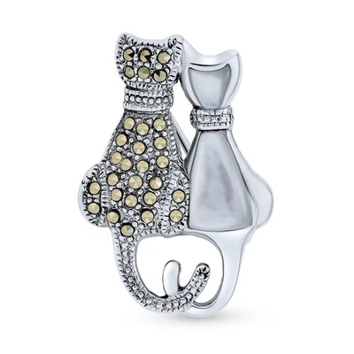 Black & White Marcasite Cat Brooche Pin Sterling Silver Pearl & Onyx - Image 1 of 3