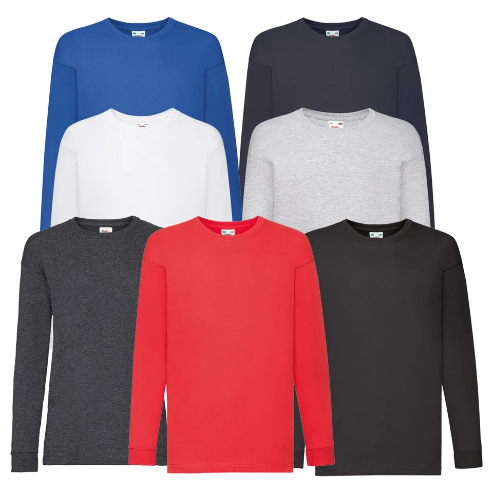 Childs Plain Long Sleeve T-Shirt Cotton Kids Boys Girls Tee Fruit of the Loom