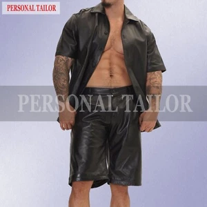 MEN'S LAMBSKIN BLACK LEATHER SHORT SLEEVE LAPEL COLLAR SHIRT AND SHORTS SET - Picture 1 of 4