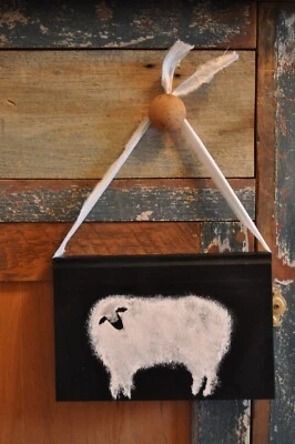 Primitive/Folk Art Hand Painted Book Primitive Sheep Blue Striped Tie Hanger - Image 1 of 3