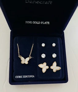 Danecraft Gold Plate Butterfly Earring And Necklace Set In Light Up Box - Picture 1 of 6