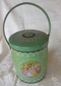 Vintage Litho Tin Can Pail With lid English Buiscut? Green with Ladies Lunch - Picture 1 of 7