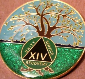 Tree - Blue green SPARKLE Alcoholics Anonymous 14 year AA Medallion Sober Token - Picture 1 of 8