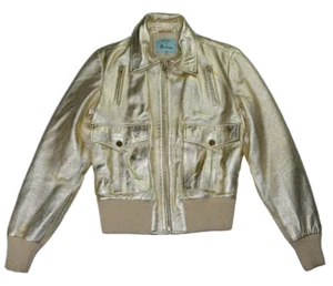 GUESS BY MARCIANO JACKET METALLIC GOLD LEATHER BOMBER S.44 WOMEN SHINY UNIQUE! - Picture 1 of 9