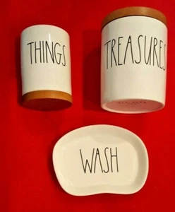 🔥Rae Dunn Bathroom Set 3 Pcs Ceramic🎁❤️w/Wood Accents Farmhouse  NWT - Picture 1 of 7