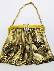 Whiting and Davis Vintage Gold Metal Mesh Evening Bag Rhinestone Clasp - Picture 1 of 14