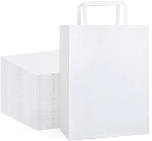 10 White Kraft Paper Gift Bags, Party Favor Bags with Flat Handles, 8x4.75x10.5 - Picture 1 of 9