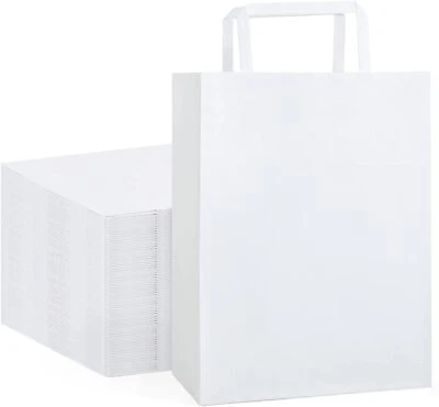10 White Kraft Paper Gift Bags, Party Favor Bags with Flat Handles, 8x4.75x10.5