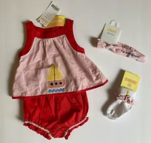 NWT Gymboree Cote D'Azure 0-3 Months Red Sailboat 2pc Romper Socks & Headband - Picture 1 of 2