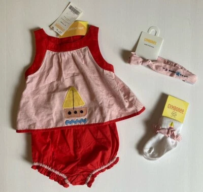 全新带标签 Gymboree Cote D'Azure 0-3 个月红色帆船 2 件连身裤袜和头带 — 第 1/2 张图片