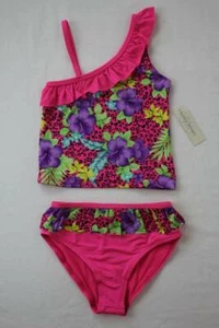 NEW Girls Tankini Set Swimsuit XS 4 - 5 Leopard Floral Pink Purple Two Piece - Picture 1 of 2