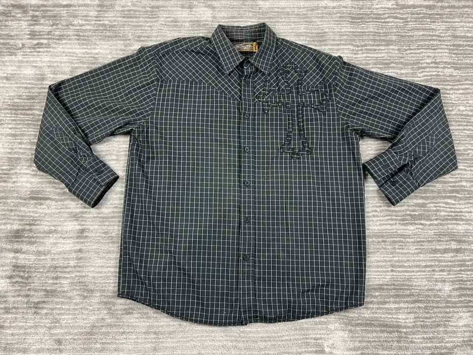 Retrofit Shirt Mens Large Black Plaid Cross Button Front Longsleeve Casual - Image 1 of 4