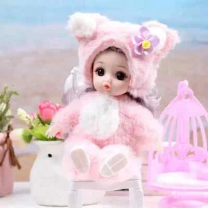 Bambola carina BJD 6" con viso espressivo peli argentati rosa coniglio tuta C3 - Foto 1 di 7