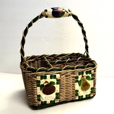 Vintage Wicker Utensil Basket with Ceramic Tiles And Handle Pear & Plum Decor - Image 1 of 4