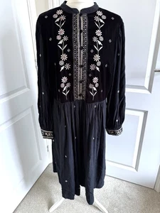 Monsoon Nikki Black Velvet Embroidered Bib Boho Dress Size Large - Picture 1 of 7