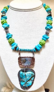 WONDERFUL Large Sterling Silver & Bronze, Turquoise, Carved Stone Bead Necklace - Picture 1 of 15
