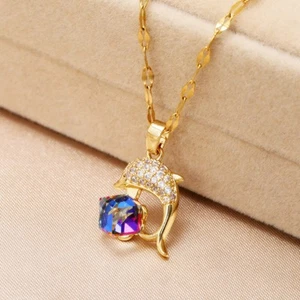 Collana in acciaio inox ciondolo delfino cubo in cristallo portafortuna elegante - Imagen 1 de 1