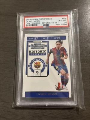 Boleto histórico 2019 Panini Chronicles Lionel Messi Contender #1 PSA 10 Foto 1 de 2