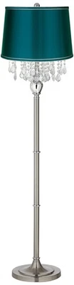 Modern Floor Lamp Steel Crystals Teal Blue Satin Shade for Living Room Reading - Image 1 of 4