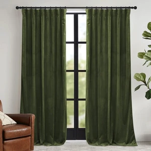Olive Green Velvet Curtains 90 inches Long - Room Darkening Luxury Window Tre... - Picture 1 of 7