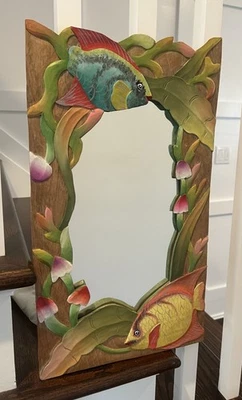 Espejo de madera tallado peces tropicales vintage flores Bonnie marrón náutico 11 x 20 Foto 1 de 4