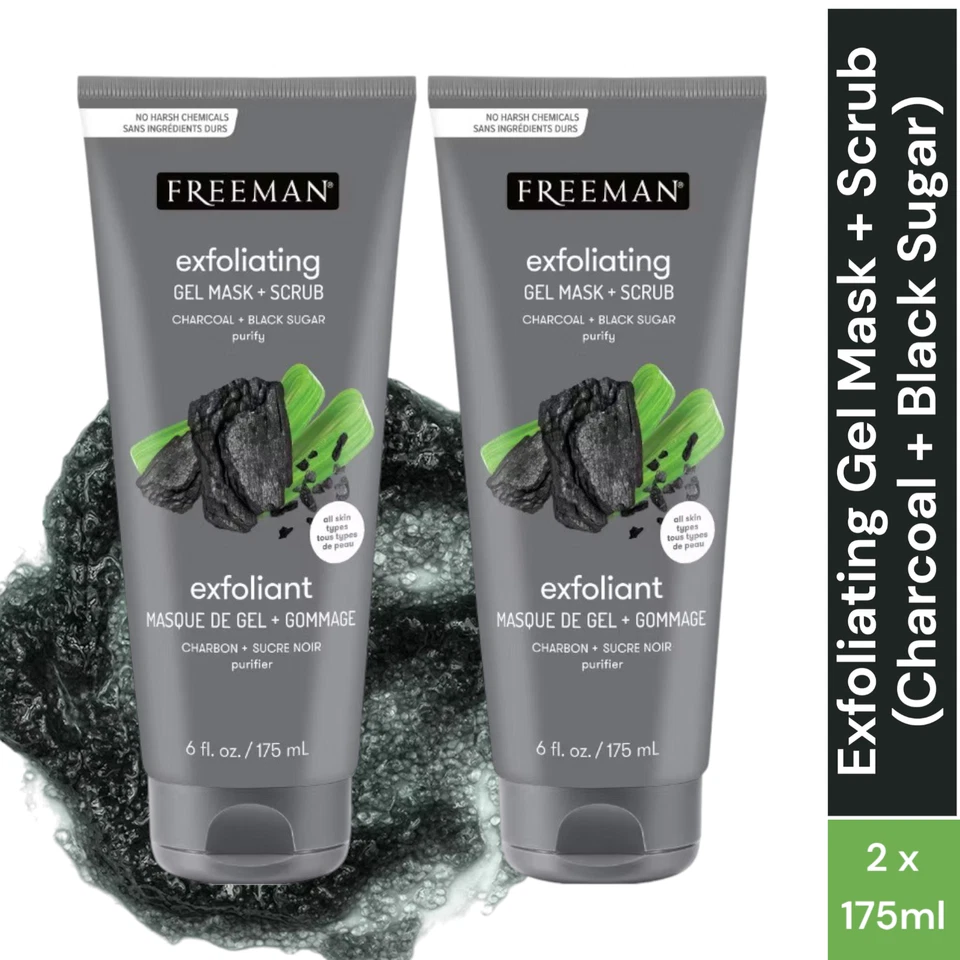 Freeman Charcoal + Black Sugar Gel Mask & Scrub 2 x 175ml – Detox & Polish Skin - Image 1 of 4