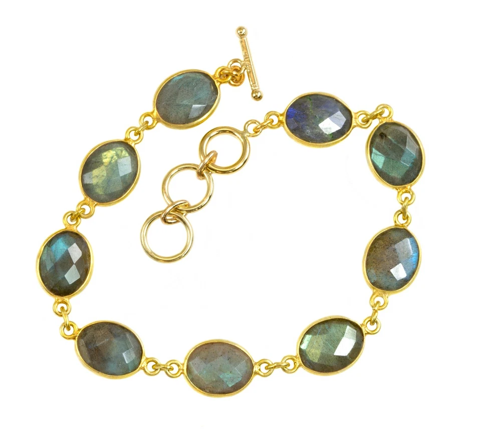 Labradorite Bracelet 14k Gold Filled 7 8 Inch Adjustable Bezel Chain Blue Oval - Image 1 of 3