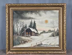 Winter snowy landscape w cabin sunset oil painting signed F. M. ? primitive folk - Picture 1 of 10