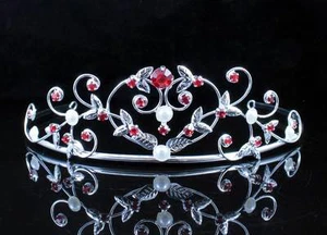 PEARL RED AUSTRIAN RHINESTONE CRYSTAL TIARA HAIR CROWN BRIDAL WEDDING T1535RED - Picture 1 of 4