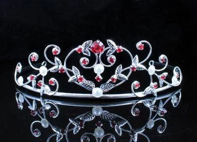 PEARL RED AUSTRIAN RHINESTONE CRYSTAL TIARA HAIR CROWN BRIDAL WEDDING T1535RED - Image 1 of 4