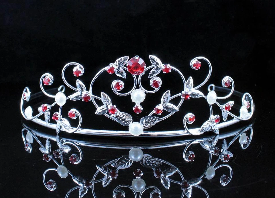 TIARA CRISTAL DIAMANTES DE IMITACIÓN AUSTRIACOS ROJO PERLA CORONA DE PELO BODA NUPCIAL T1535RED Foto 1 de 4