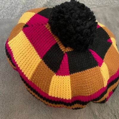 Beret Womens Multicolor Hat Knitted Hand Made Stretchy Adjustable Color Blocked - Image 1 of 4