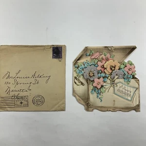 1939 Marietta, Ohio Vintage Birthday Card Flowers in a Trunk EPHEMERA - Picture 1 of 8