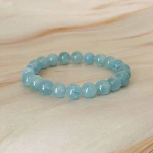 Natural 9mm Aquamarine Stone Bracelet Aqua Crystal Stretch Bracelet Handmade - Picture 1 of 3