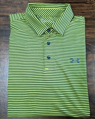 UNDER ARMOUR Polo Shirt Mens Large Heat Gear Gold Yellow Blue Striped Loose Golf - Image 1 of 4