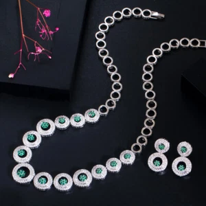 Green CZ Big Round Choker Wedding Necklace Earrings Silver Plated Jewelry Set - Picture 1 of 12