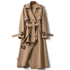 Womens British Double Breasted Lapel Collar Belt Trench Outwear Midi Loose Coat - Picture 1 of 37