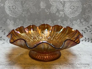 Fenton Marigold Carnival Glass 11” Bowl Ruffled Pedestal Compote Hearts & Daisy - Picture 1 of 11