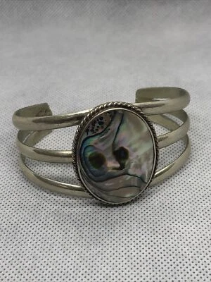 .925 Sterling Silver & Abalone Shell 2" Wide Cuff Bracelet Mexico 38.4 - Image 1 of 4