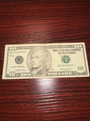 $10 Dollar Star Note Very Low Serial Number 1999 BK00000781* Circulated - Image 1 of 2
