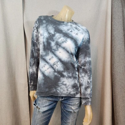 Green Tea Gray White Tie Dye Unfinished Hem Sweatshirt Top SMALL Cotton Blend - Image 1 of 4