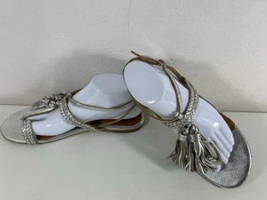Ravel Silver Leather Toe Rings Strappy Sandals Tassel Gladiator Braid Shoes UK7 - Picture 1 of 16