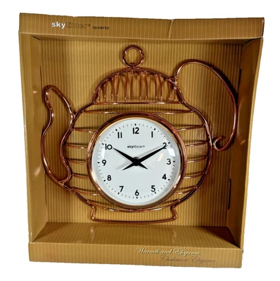 Retro Skytimer Teapot Tea Kettle Shaped Copper Colored Wire Quartz Clock,  NEW - Image 1 of 4
