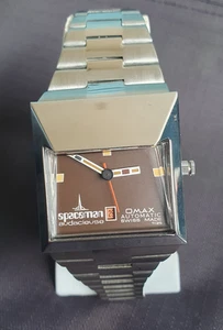 Reloj de pulsera suizo vintage Omax Spaceman audacievse esfera marrón como nuevo fecha automática - Imagen 1 de 11