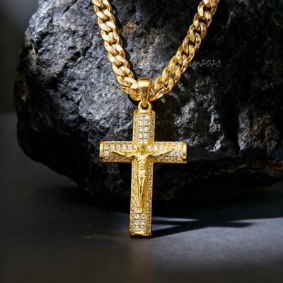 Collar Colgante Cruz Chapado en Oro 14K Para Hombre Cadena Eslabón Cubano Hip Hop Joyería Foto 1 de 4